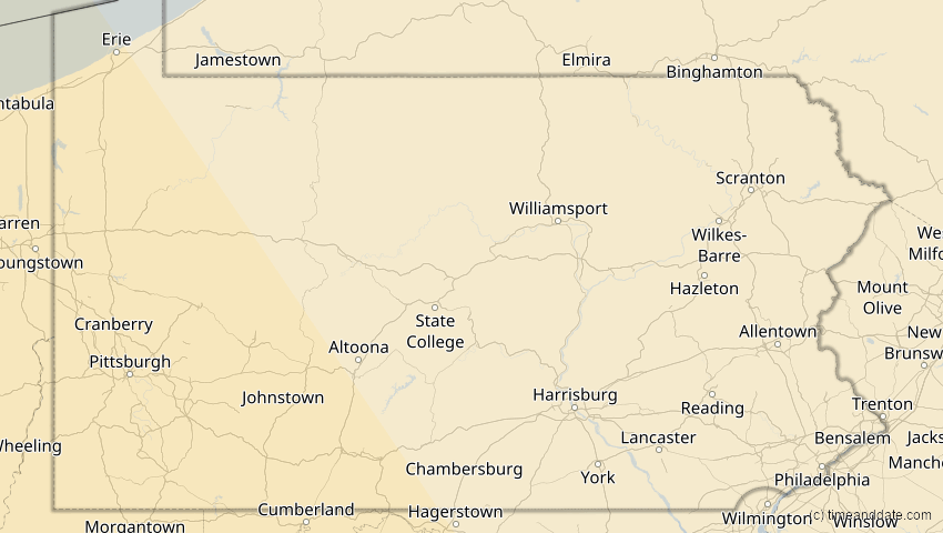 A map of Pennsylvania, United States, showing the path of the Oct 14, 2023 Annular Solar Eclipse