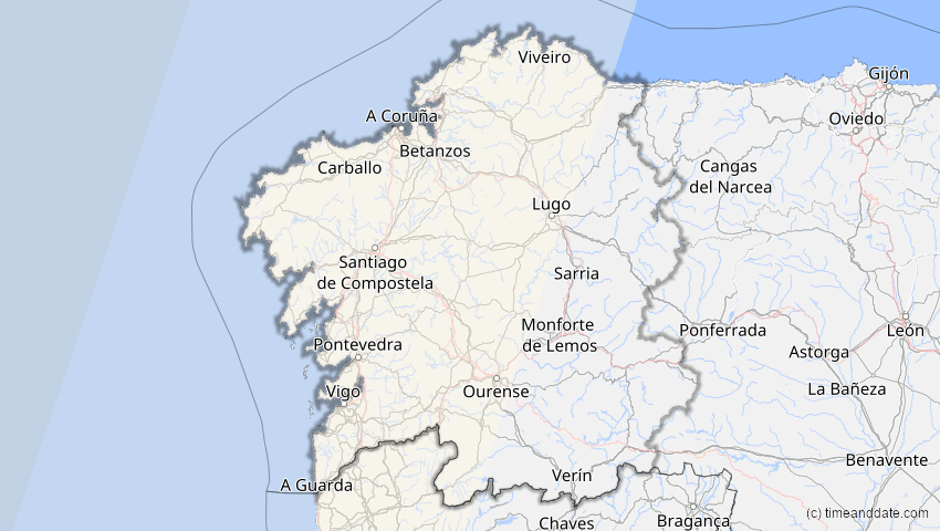 A map of Galicia, Spain, showing the path of the 8 Apr 2024 Total Solar Eclipse