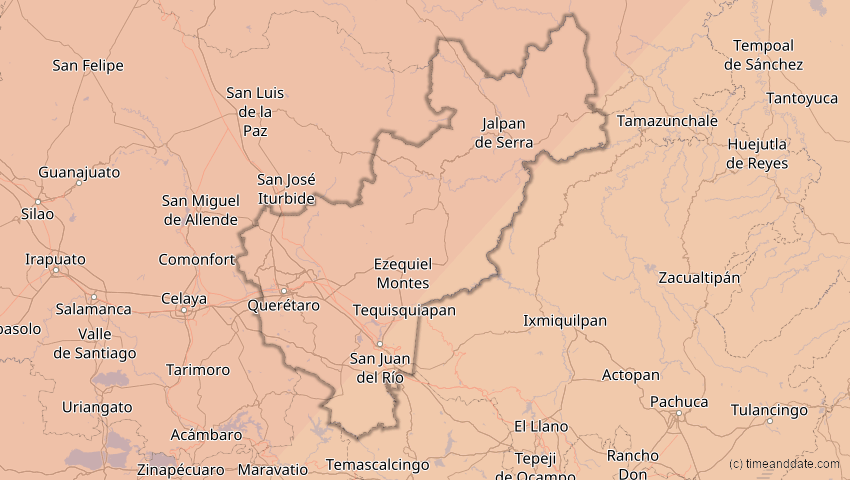 A map of Querétaro, Mexico, showing the path of the 8 Apr 2024 Total Solar Eclipse