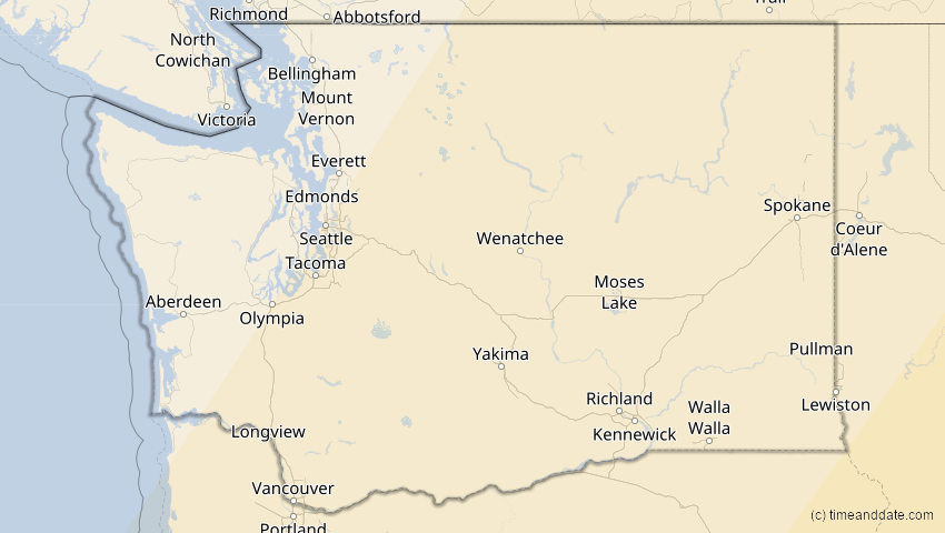 A map of Washington, United States, showing the path of the Apr 8, 2024 Total Solar Eclipse