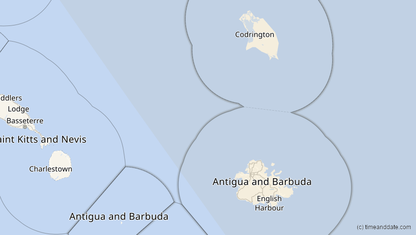 A map of Antigua und Barbuda, showing the path of the 29. Mär 2025 Partielle Sonnenfinsternis