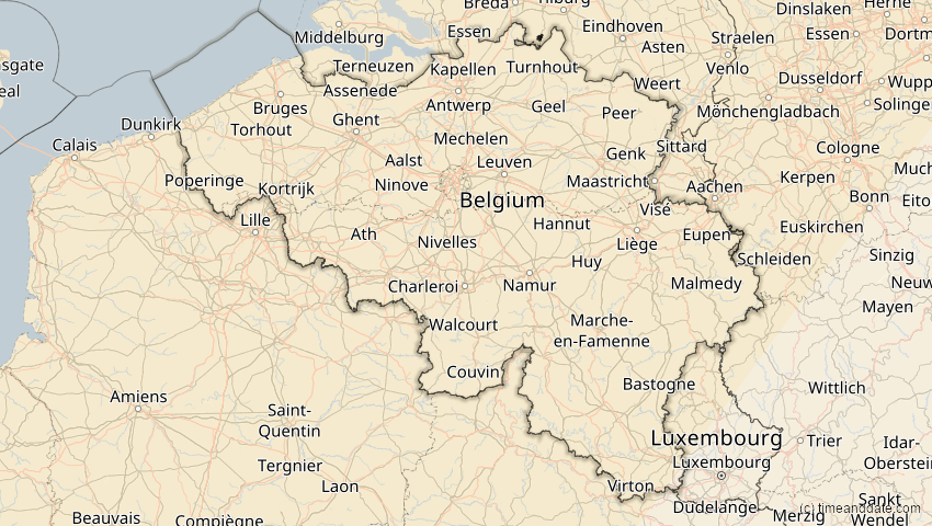 A map of Belgien, showing the path of the 29. Mär 2025 Partielle Sonnenfinsternis