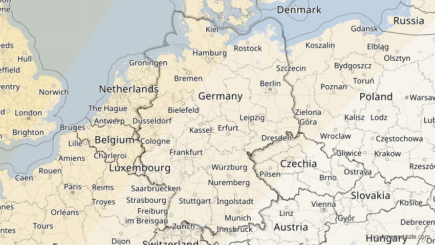 A map of Deutschland, showing the path of the 29. Mär 2025 Partielle Sonnenfinsternis