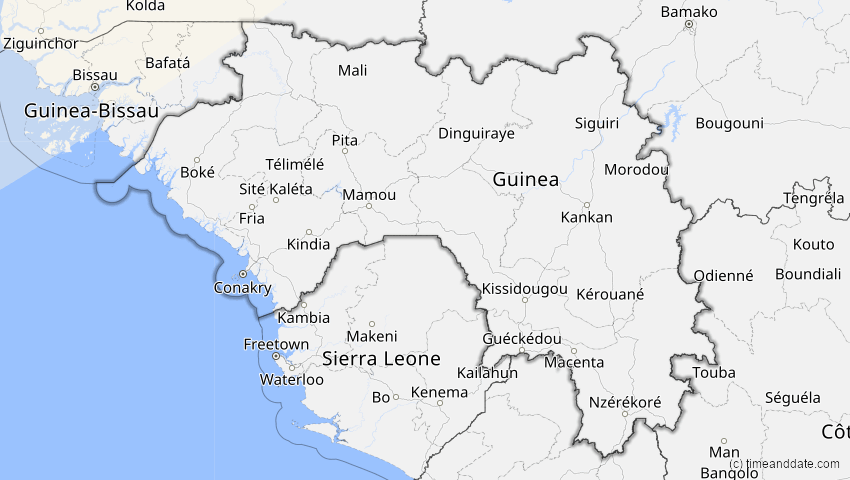 A map of Guinea, showing the path of the 29. Mär 2025 Partielle Sonnenfinsternis