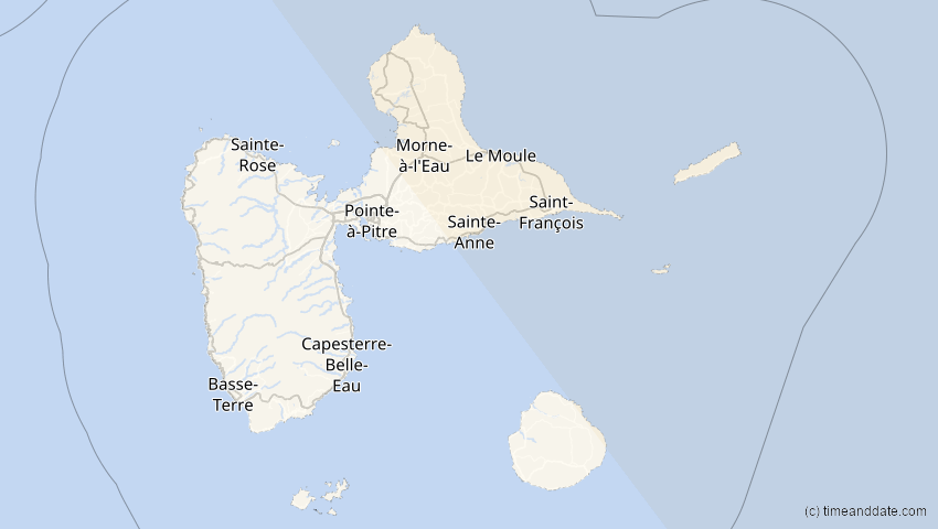 A map of Guadeloupe, showing the path of the 29. Mär 2025 Partielle Sonnenfinsternis