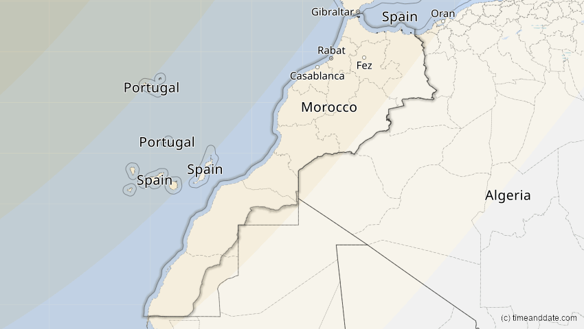 A map of Morocco, showing the path of the Mar 29, 2025 Partial Solar Eclipse