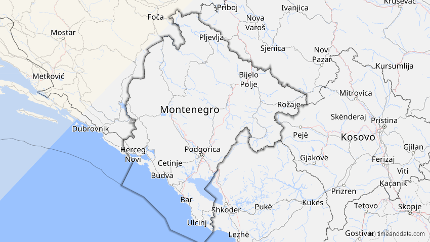A map of Montenegro, showing the path of the 29 Mar 2025 Partial Solar Eclipse