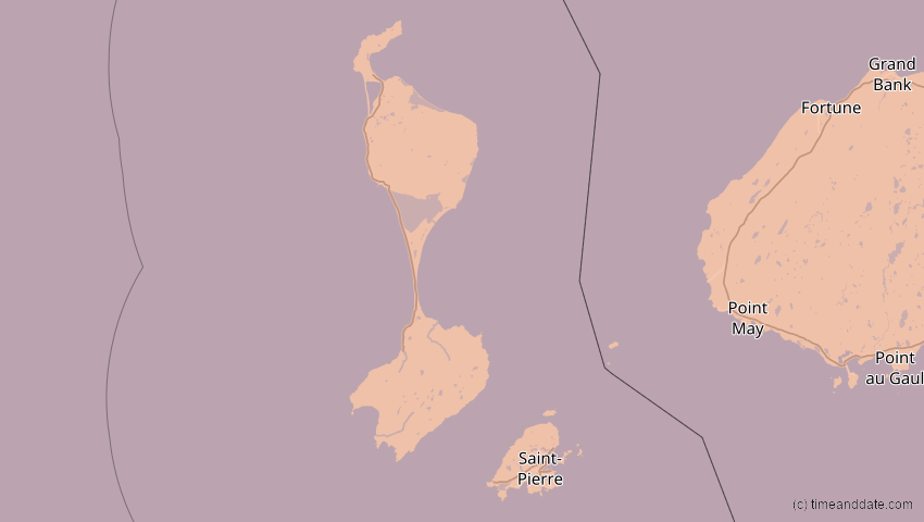 A map of Saint-Pierre und Miquelon, showing the path of the 29. Mär 2025 Partielle Sonnenfinsternis