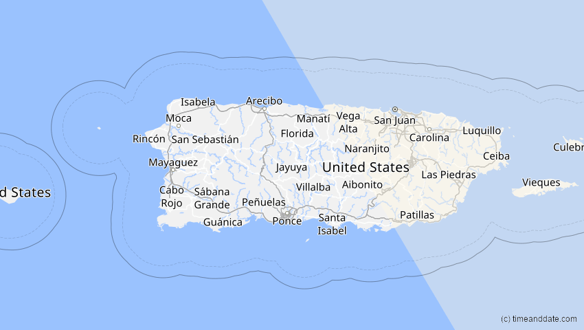 A map of Puerto Rico, showing the path of the 29. Mär 2025 Partielle Sonnenfinsternis