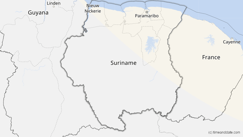 A map of Suriname, showing the path of the 29. Mär 2025 Partielle Sonnenfinsternis