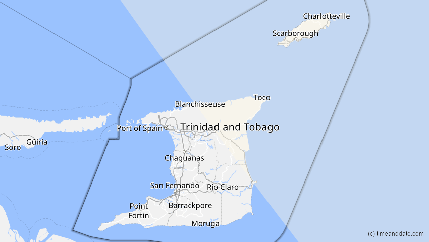 A map of Trinidad and Tobago, showing the path of the Mar 29, 2025 Partial Solar Eclipse