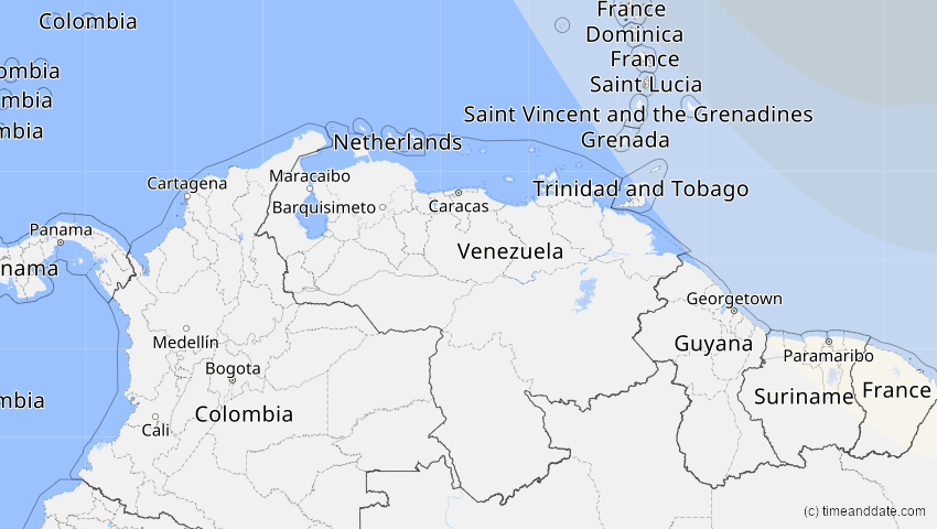A map of Venezuela, showing the path of the 29. Mär 2025 Partielle Sonnenfinsternis
