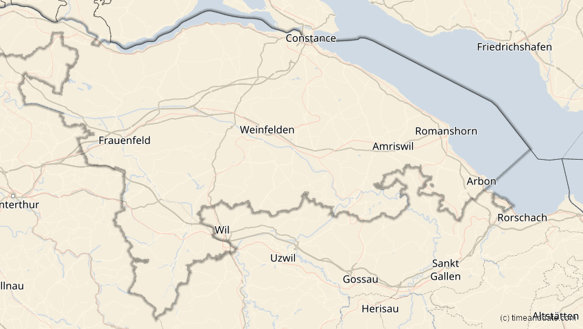 A map of Thurgau, Switzerland, showing the path of the Mar 29, 2025 Partial Solar Eclipse