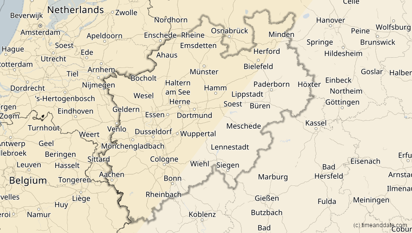 A map of Nordrhein-Westfalen, Deutschland, showing the path of the 29. Mär 2025 Partielle Sonnenfinsternis