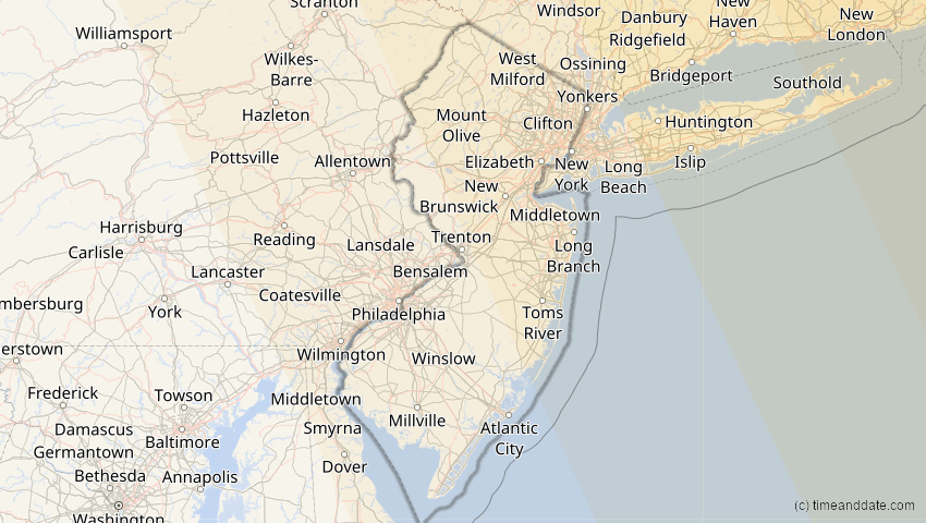 A map of New Jersey, United States, showing the path of the Mar 29, 2025 Partial Solar Eclipse