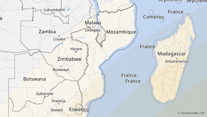 A map of Mozambique, showing the path of the Feb 17, 2026 Annular Solar Eclipse