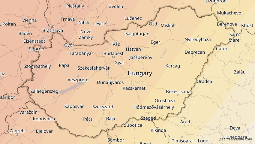 A map of Hungary, showing the path of the Aug 12, 2026 Total Solar Eclipse