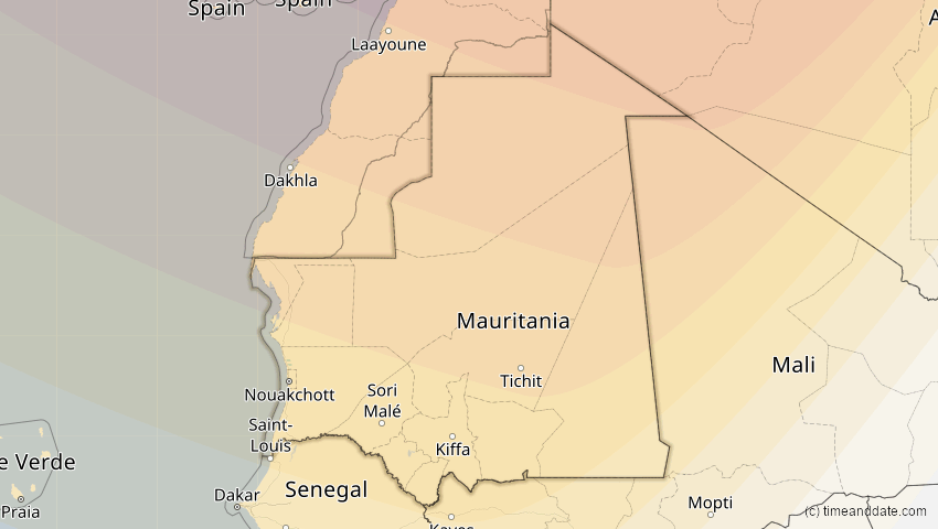 A map of Mauritania, showing the path of the Aug 12, 2026 Total Solar Eclipse