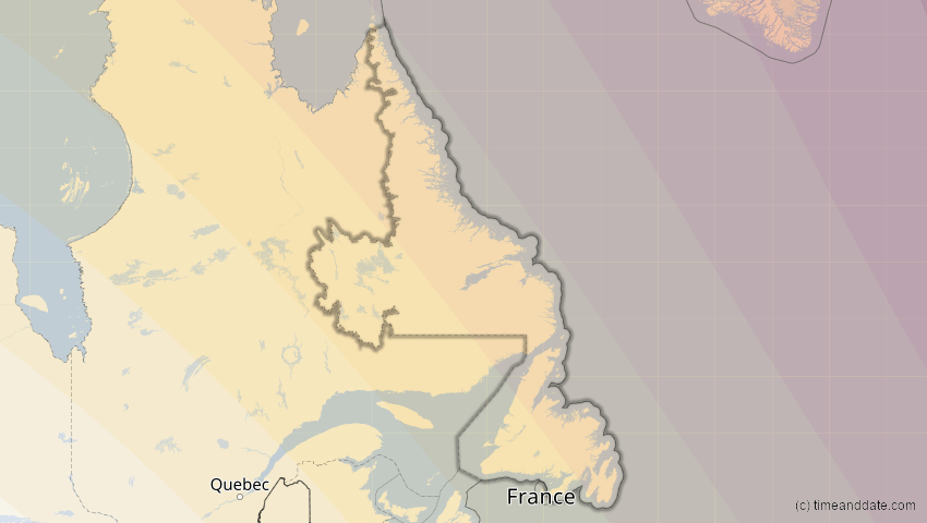A map of Newfoundland and Labrador, Canada, showing the path of the Aug 12, 2026 Total Solar Eclipse
