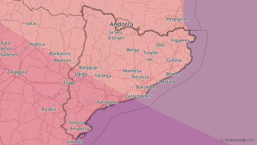A map of Catalonia, Spain, showing the path of the Aug 12, 2026 Total Solar Eclipse