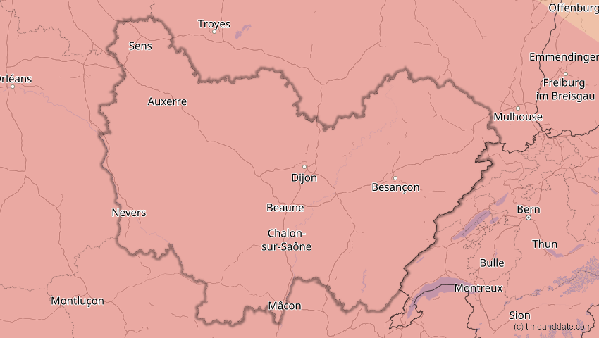 A map of Bourgogne-Franche-Comté, France, showing the path of the Aug 12, 2026 Total Solar Eclipse