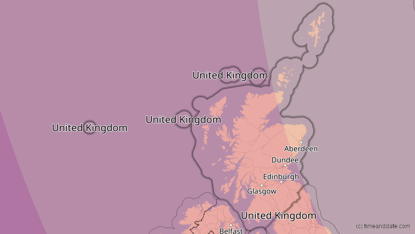 A map of Scotland, United Kingdom, showing the path of the Aug 12, 2026 Total Solar Eclipse