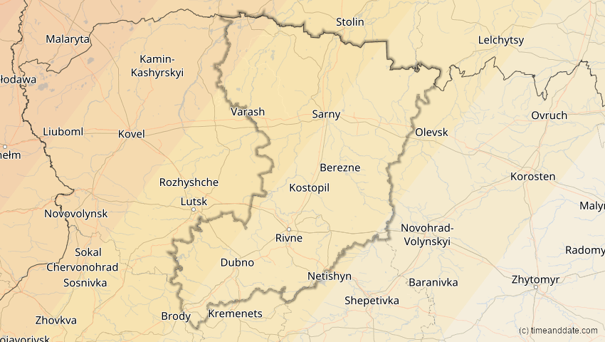 A map of Rivne, Ukraine, showing the path of the Aug 12, 2026 Total Solar Eclipse