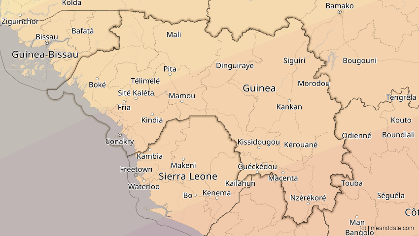 A map of Guinea, showing the path of the 6. Feb 2027 Ringförmige Sonnenfinsternis