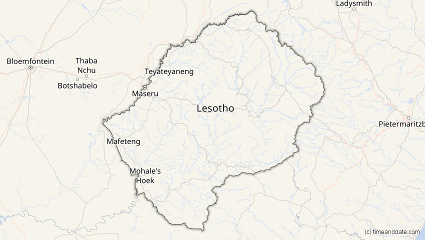 A map of Lesotho, showing the path of the 6. Feb 2027 Ringförmige Sonnenfinsternis