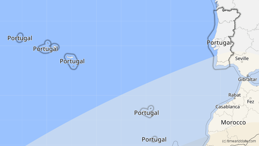 A map of Portugal, showing the path of the 6. Feb 2027 Ringförmige Sonnenfinsternis