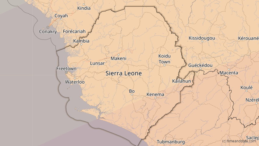 A map of Sierra Leone, showing the path of the 6. Feb 2027 Ringförmige Sonnenfinsternis