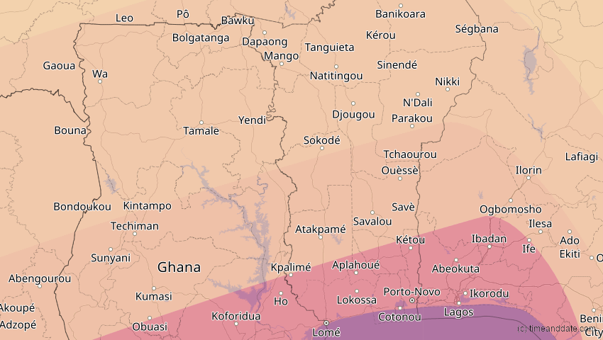 A map of Togo, showing the path of the 6. Feb 2027 Ringförmige Sonnenfinsternis