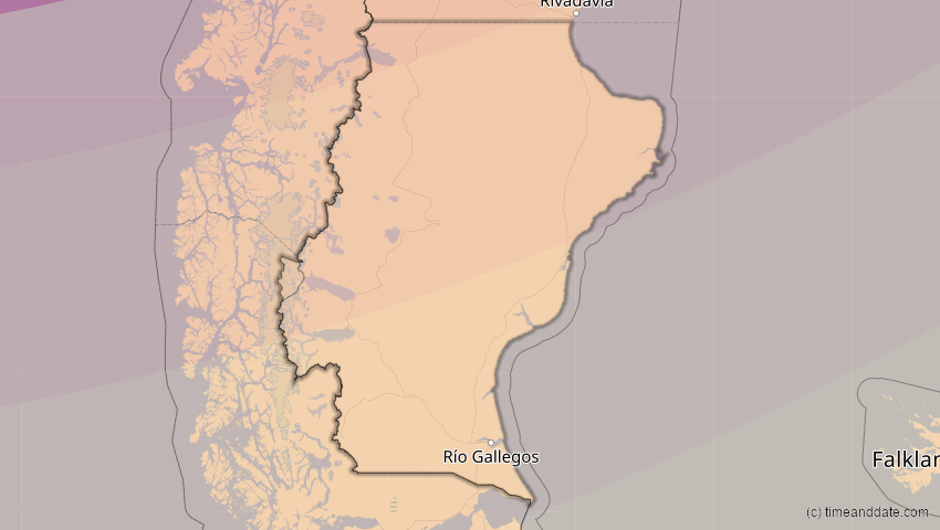 A map of Santa Cruz, Argentina, showing the path of the Feb 6, 2027 Annular Solar Eclipse