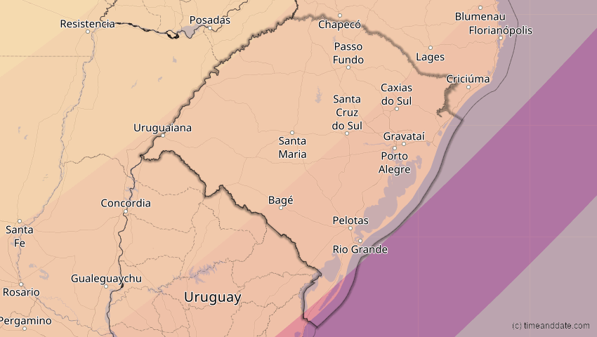 A map of Rio Grande do Sul, Brazil, showing the path of the Feb 6, 2027 Annular Solar Eclipse