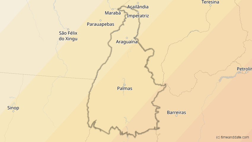 A map of Tocantins, Brazil, showing the path of the Feb 6, 2027 Annular Solar Eclipse
