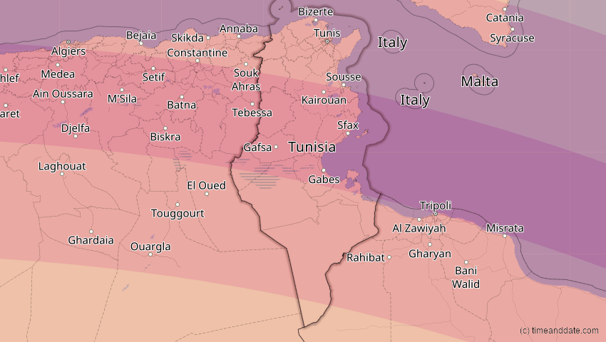 A map of Tunisia, showing the path of the Aug 2, 2027 Total Solar Eclipse