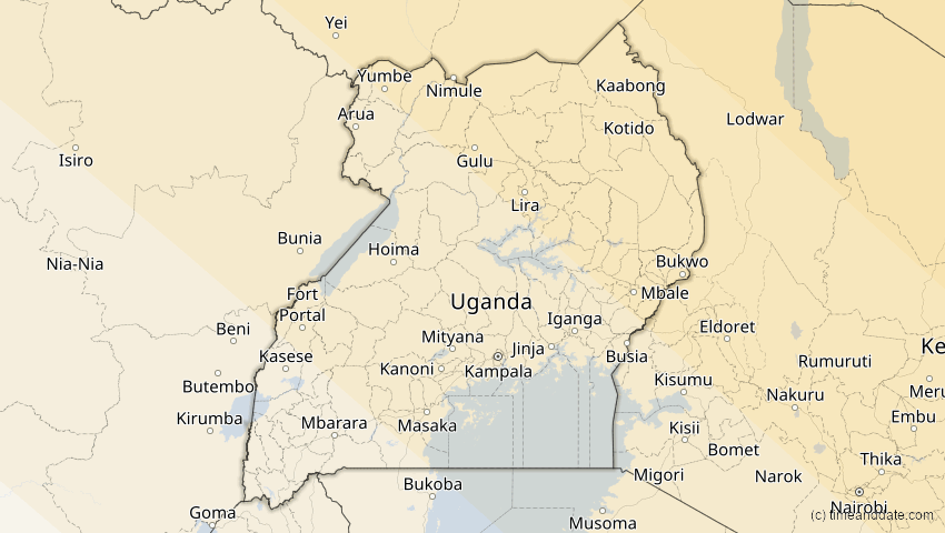 A map of Uganda, showing the path of the 2. Aug 2027 Totale Sonnenfinsternis