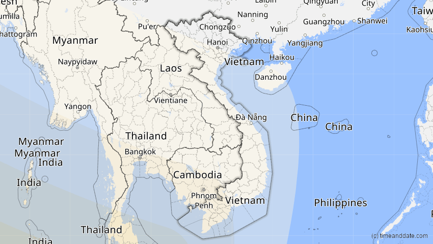 A map of Vietnam, showing the path of the 2. Aug 2027 Totale Sonnenfinsternis