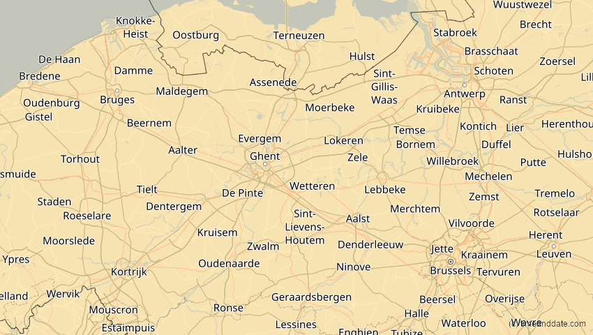 A map of East Flanders, Belgium, showing the path of the Aug 2, 2027 Total Solar Eclipse