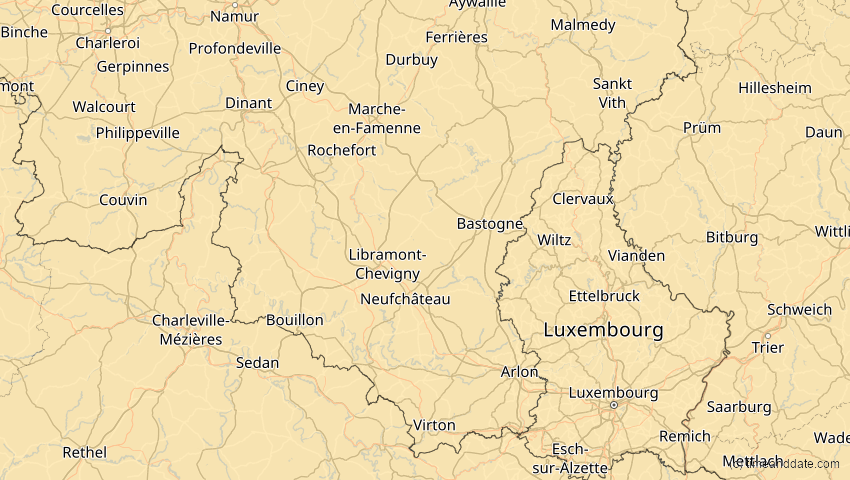 A map of Luxembourg, Belgium, showing the path of the Aug 2, 2027 Total Solar Eclipse