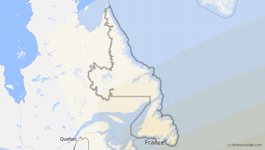 A map of Newfoundland and Labrador, Canada, showing the path of the Aug 2, 2027 Total Solar Eclipse