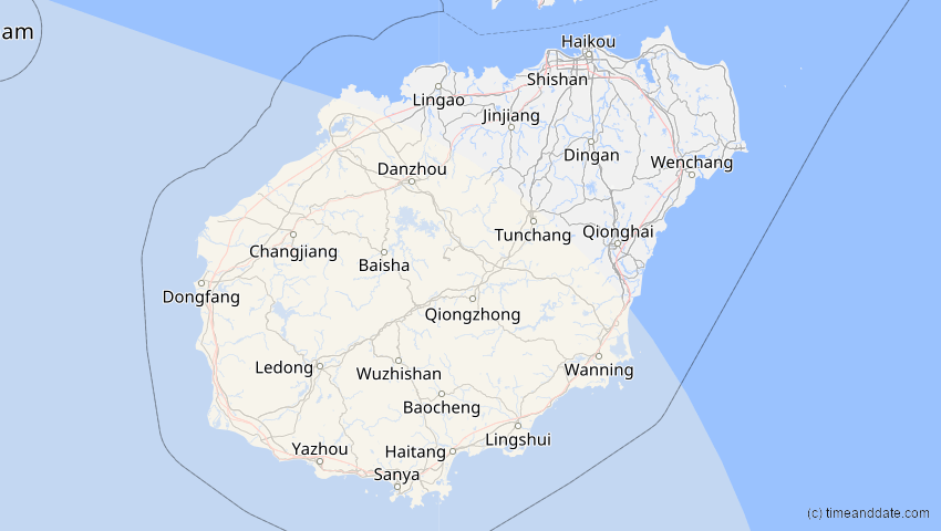 A map of Hainan, China, showing the path of the Aug 2, 2027 Total Solar Eclipse