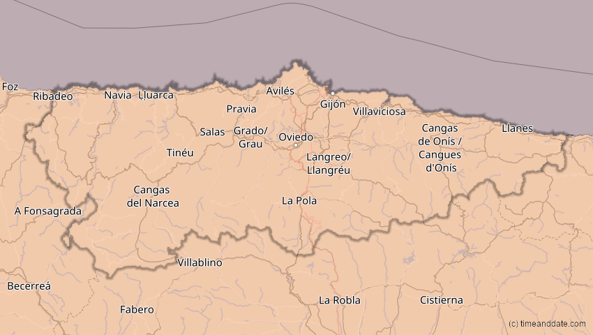 A map of Asturias, Spain, showing the path of the Aug 2, 2027 Total Solar Eclipse