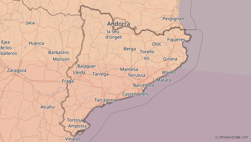 A map of Catalonia, Spain, showing the path of the Aug 2, 2027 Total Solar Eclipse