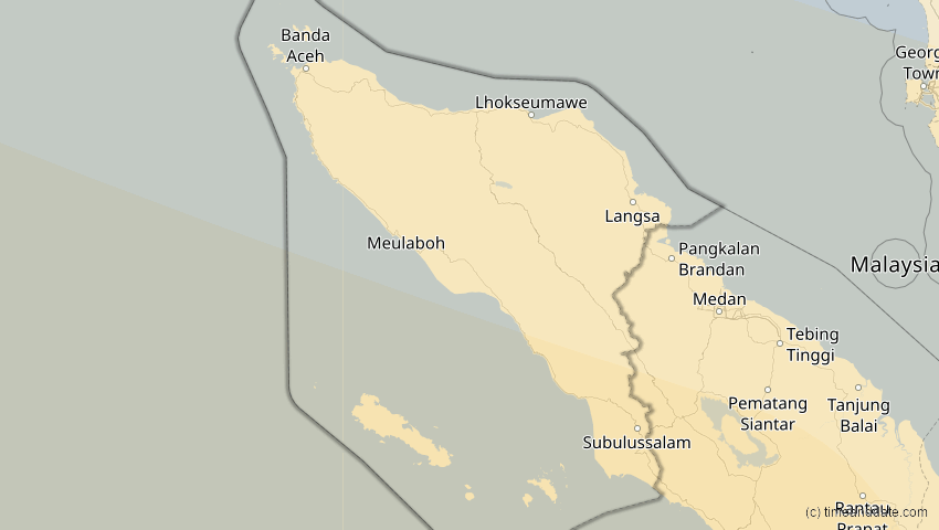 A map of Aceh, Indonesia, showing the path of the Aug 2, 2027 Total Solar Eclipse
