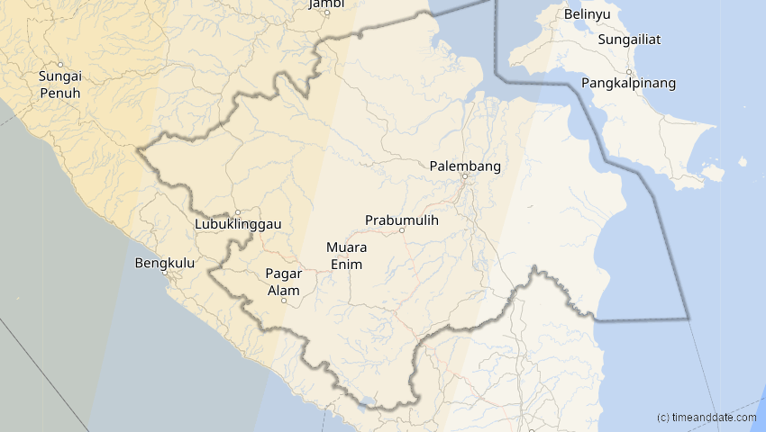 A map of South Sumatra, Indonesia, showing the path of the Aug 2, 2027 Total Solar Eclipse