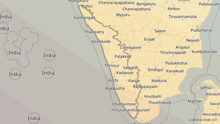 A map of Kerala, India, showing the path of the Aug 2, 2027 Total Solar Eclipse