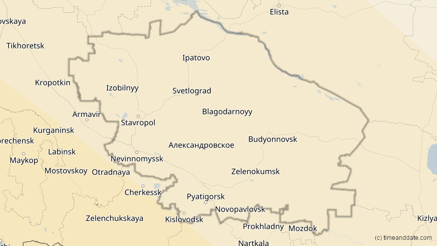 A map of Stavropol, Russia, showing the path of the Aug 2, 2027 Total Solar Eclipse