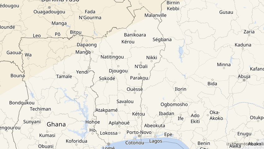 A map of Benin, showing the path of the Jan 26, 2028 Annular Solar Eclipse