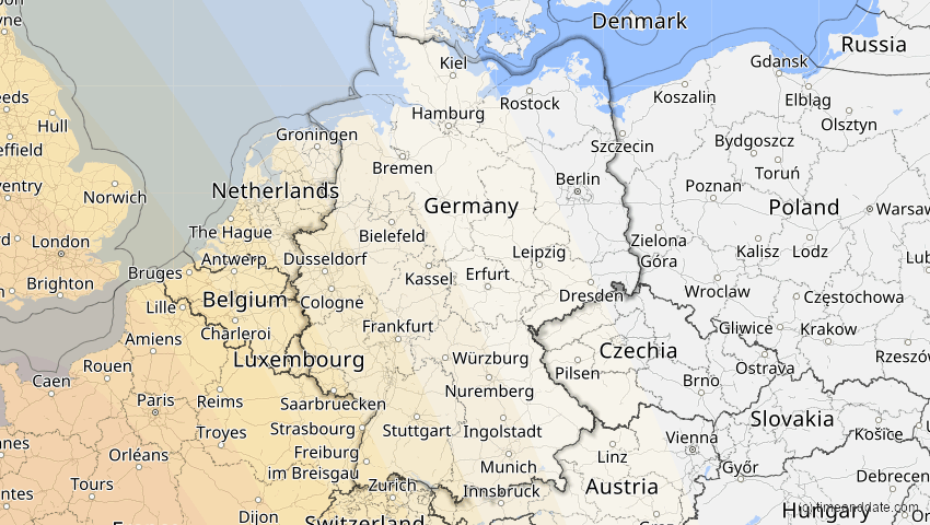 A map of Deutschland, showing the path of the 26. Jan 2028 Ringförmige Sonnenfinsternis